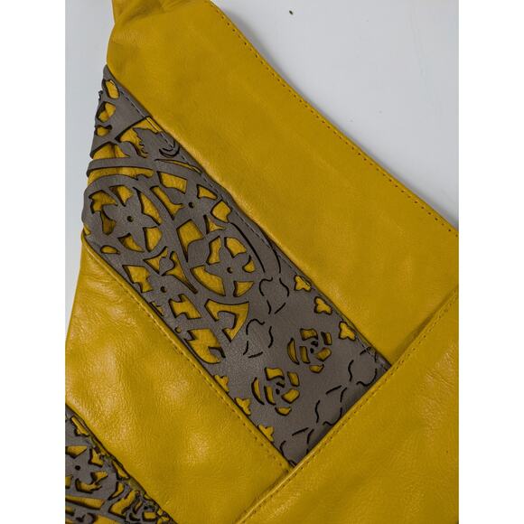 Free Endearment Yellow Purse Leather V Cut Hobo Lazer Cut Satchel Tote Bag Top - Picture 4 of 16